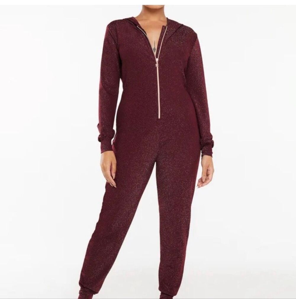 Savage X Fenty Sleep & Shine Hooded Jumpsuit In Burgundy Sparkle. View 2